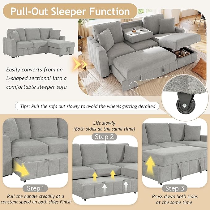 90 L-Shaped Sectional Sleeper Sofa with Reversible Storage Chaise Warp-Knitted Fabric Upholstered Modular Couch with Drop-Down Center Back Cushion with Dual Cup Holders for Living Room (Grey-10)