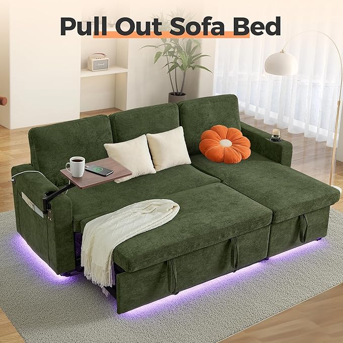 LED Sectional Sleeper Sofa with Pull Out Bed Convertible L Shaped Sofa with Storage Chaise Lounge Retractable Table USB Cup Holders Comfy 3-Seater Sleeper Couch for Living Room (Green)