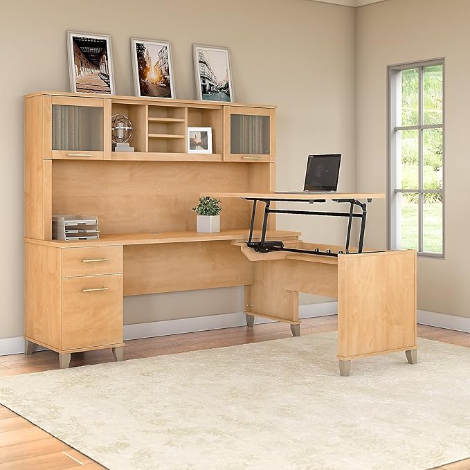 Bush Home Somerset 72W 3 Position Sit to Stand L Shaped Desk with Hutch in Maple Cross | Adjustable Height Table for Office