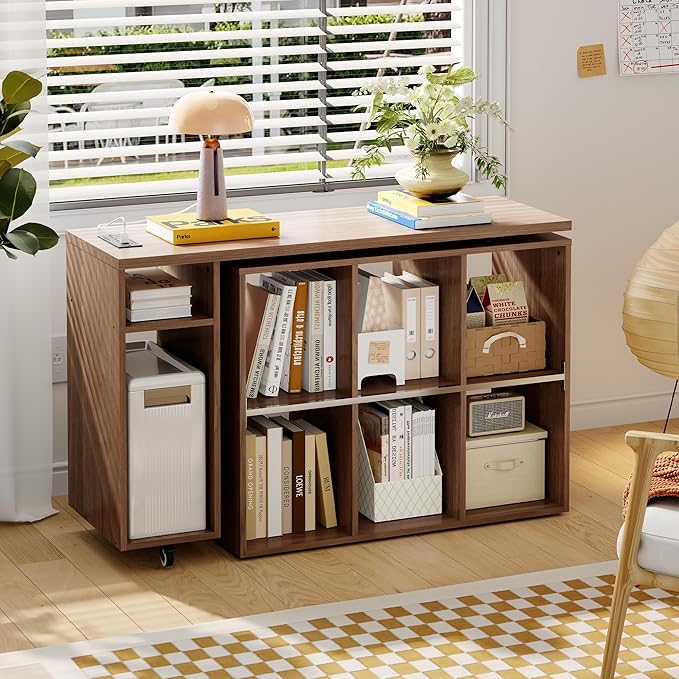 BLANKSPACE L-Shaped Computer Desk with 360° Swivel Desktop &amp 6 Open Shelves Corner Desk - Rotating Home Office Desk Yili Walnut