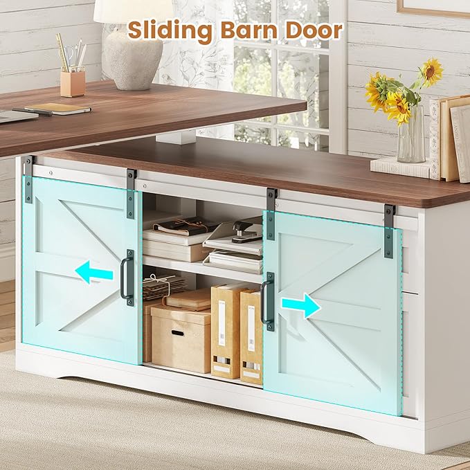 SEDETA Farmhouse L Shaped Standing Desk 55 inch Height Adjustable Corner Desk with Storage Drawers Standing Computer Desks with Power Outlets for Home Office White