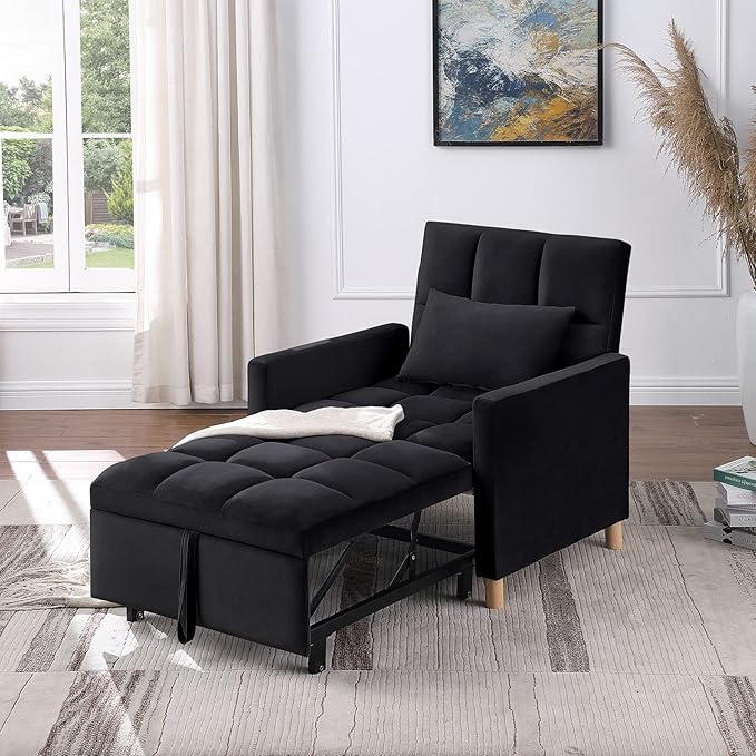 Convertible Sleeper Sofa Chair Bed3-in-1 Sleeper Chair Bed with PillowPull Out Single Armchair Sofa Bed with Adjustable Backrest Multi-Functiona Lounge Chair for Living Room (Black)
