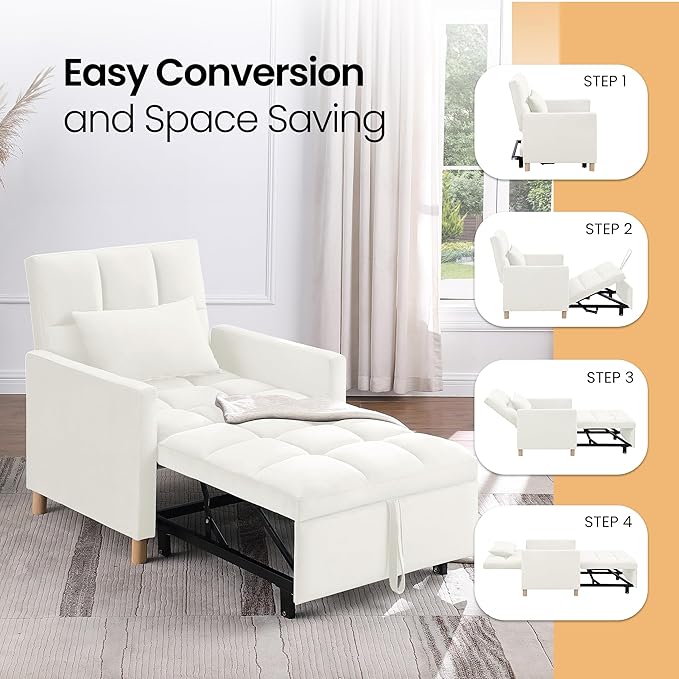 70'' Convertible Chair Bed Extra Long Teddy Fabric Single Pull Out Sofa Bed 4 in 1 Adult Sleeping Chair Recliner Chair with Pillow Adjustable Backrest Beige