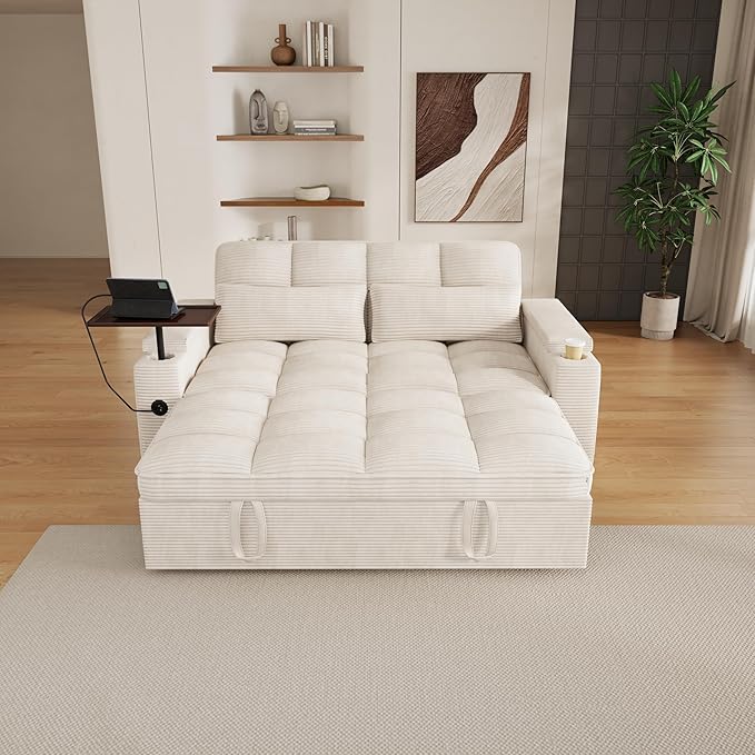 65 Sofa Bed Loveseat 3-in-1 Sleeper Sofa with Pull Out Bed 360° Swivel Side Table and USB 2 Seater Convertible Small Couch for Living Room Apartment (Beige Corduroy)