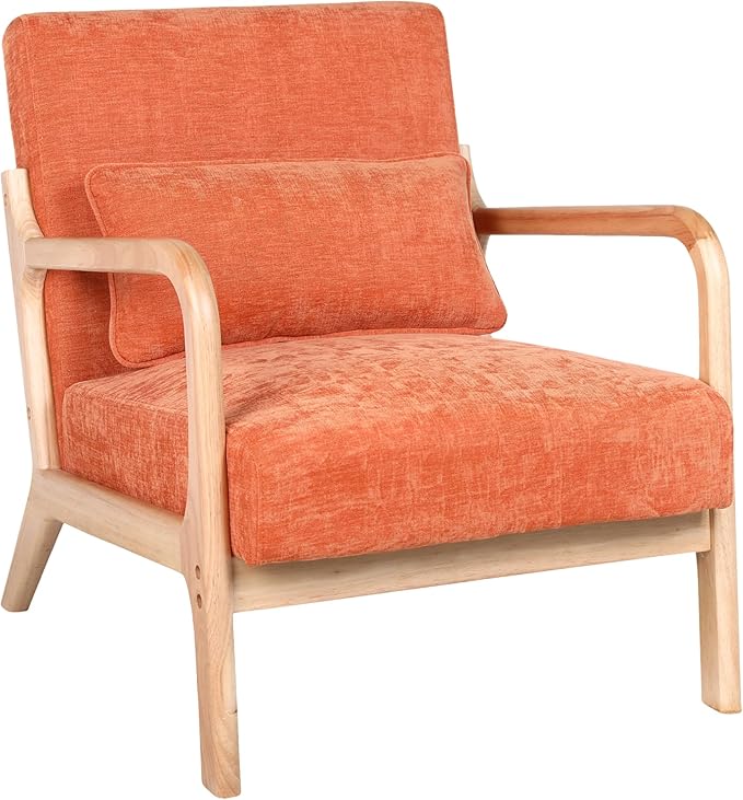 Mid Century Modern Accent ChairComfy Fabric Reading Chair with Retro Solid Wood Frame &amp High Back Upholstered Lounge Arm Side Chair for Living Room Bedroom Balcony (Linen/Orange)
