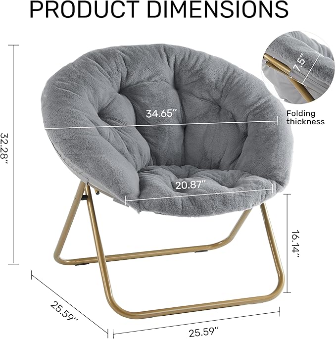 Saucer Chair Comfy Faux Fur Folding Moon Chair with Metal Frame Cozy Round Chair Lounge Lazy Chair for Living Room Bedroom Adults Kids Teens Grey
