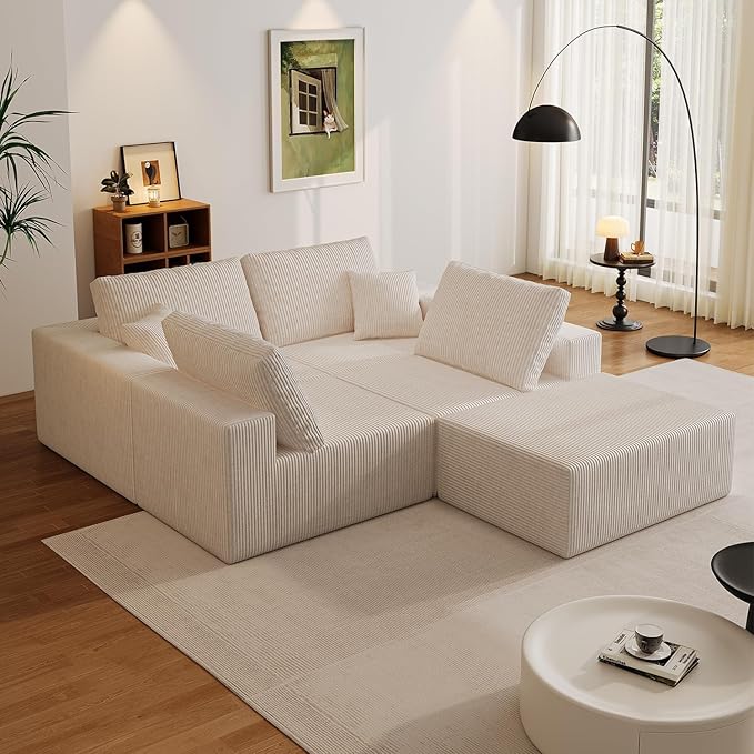 Boneless Cloud Sectional Couch for Living Room Compressed Modular L-Shaped Sofa with Deep Seat Frameless Corduroy Couch in Boxes No Assembly Required Beige Middle