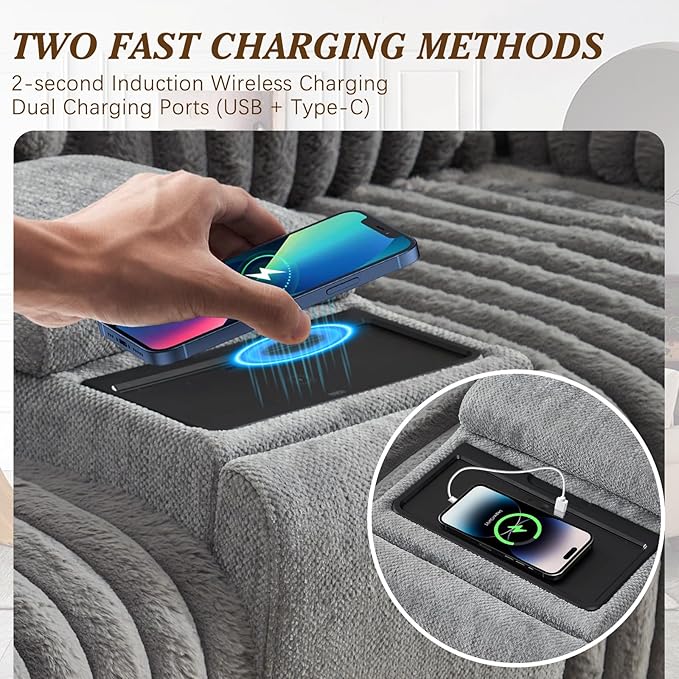 Oversized Reclining Loveseat with Hidden Cup Holders &amp Wireless Charger Manual Double Recliner Sofa Wall Hugger Loveseat Recliner with USB Ports for Living Room (Gray Loveseat)