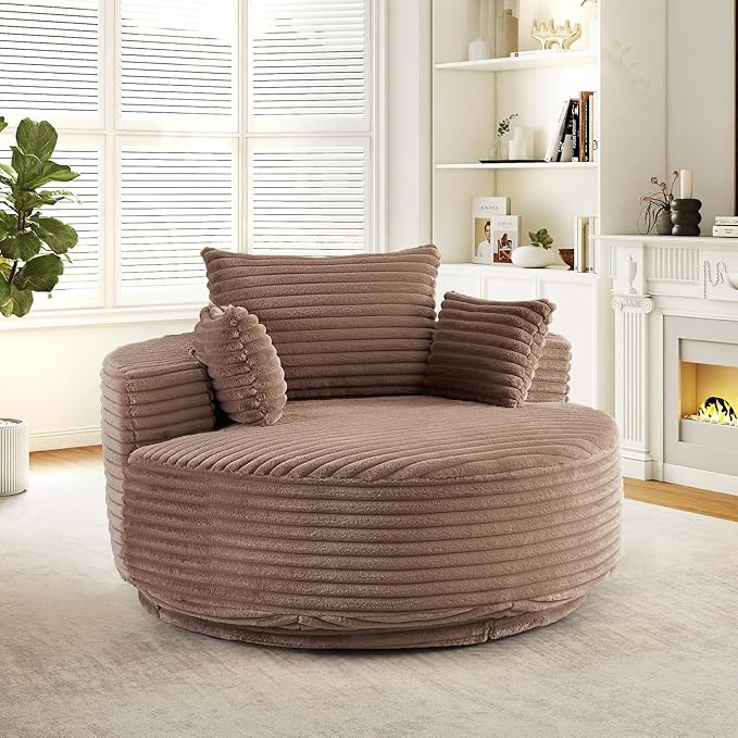 55 W Oversized Round Swivel Accent Barrel Chair360 Degree Faux Fur Upholstered Comfy Chaise Lounge Chair IndoorModern Deep Seat Reading Sofa Armchair for Living RoomBedroomOffice(Brown)