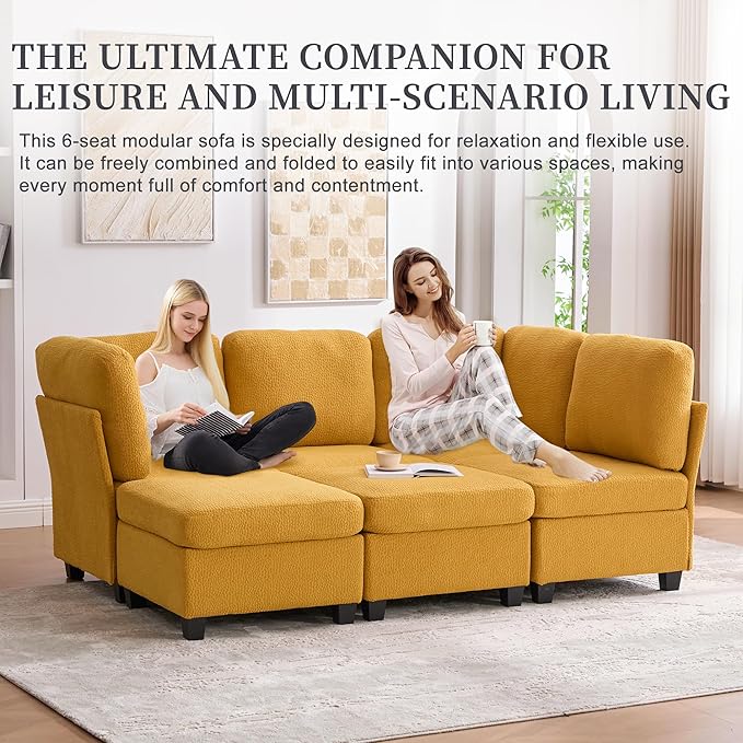 KEIKI 115 U-Shaped Polyester Modular Sectional Sofa with 2 Movable Ottoman &amp Storage Seat Upholstered Convertible Oversized 6-Seater Couch Free Combination Easy Assembly for Living Room Yell