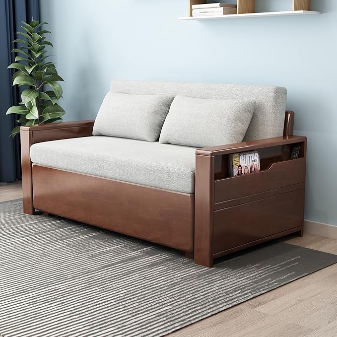 59 Convertible Sofa Sleeper with StorageGrey Cushion Sectional Sleeper Sofa with Reversible ChaiseSolid Wood Sofa Bed 3 in 1 Pull Out Couch Bed for Living RoomApartment (Walnut (Color))