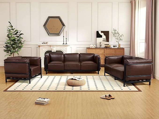 Minimalist Style 3 Seater Sofa Mid-Century Modern Faux Leather Sofa Couch with Fixed-Shape Iron Frame Upholstered Couch Chair for Living Room Office Apartment (Brown Loveseat Sofa)
