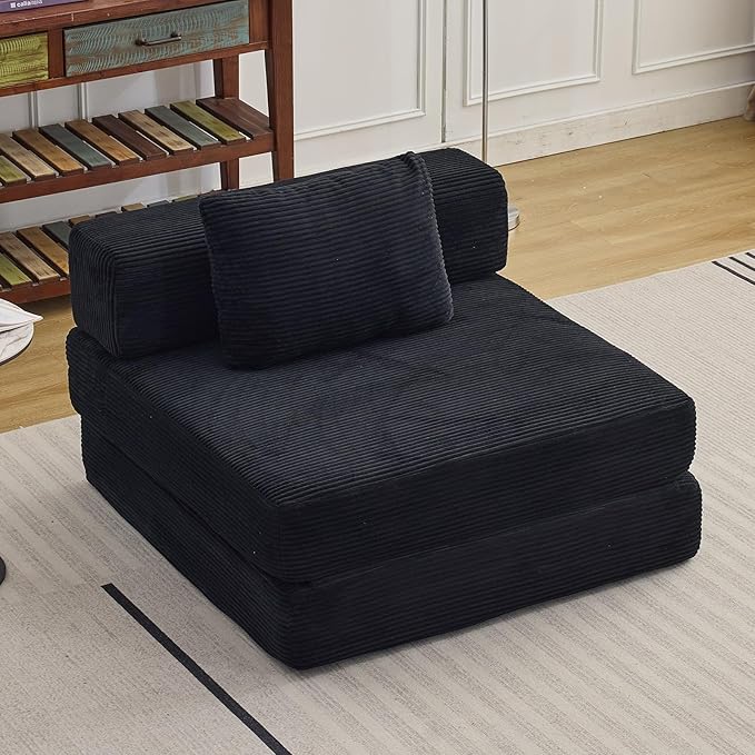 Folding Sofa Bed Convertible Sleeper Chair with Pillow Single Sofa with Back Support Portable Fold Out Chair Cloud Couch Bed Comfy Floor Sofa Lounge for Living Room Bedroom Black
