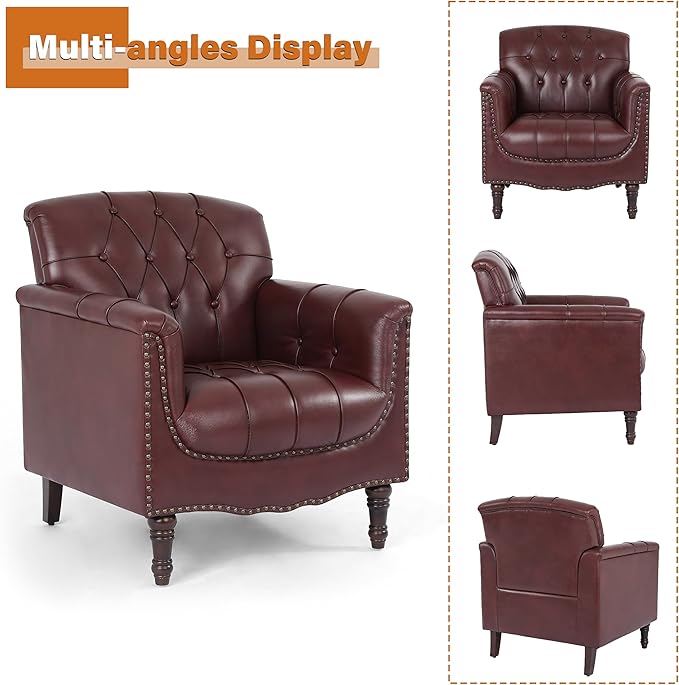 Faux Leather Club Chairs Set of 2 Retro Upholstered Armchair Accent Chair with Solid Wood Legs &amp Nailhead Trim for Living Room/Reading Room Dark Red
