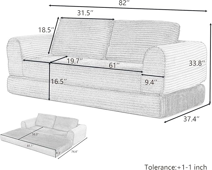 Foldable Boneless Love Seat Couches in a Box Modern Floor Foam Sleeper Sofa Bed 2-in-1 Convertible Cloud Sofa for Home Apartments Bedroom