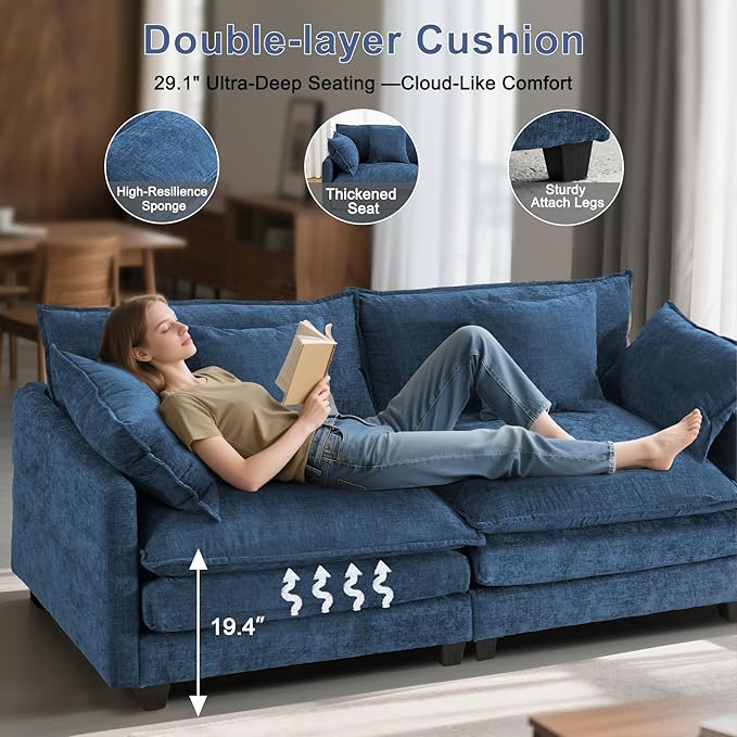 77 Loveseat Sofa Couch｜Small Cloud 2-Seater Sectional Sofa with 29.1 Deep Seat｜FSC Certified Solid Wood &amp Metal Frame｜Easy Assembly &amp 1YR Guarantee｜for Apartment Living Room Bedroom｜Blue
