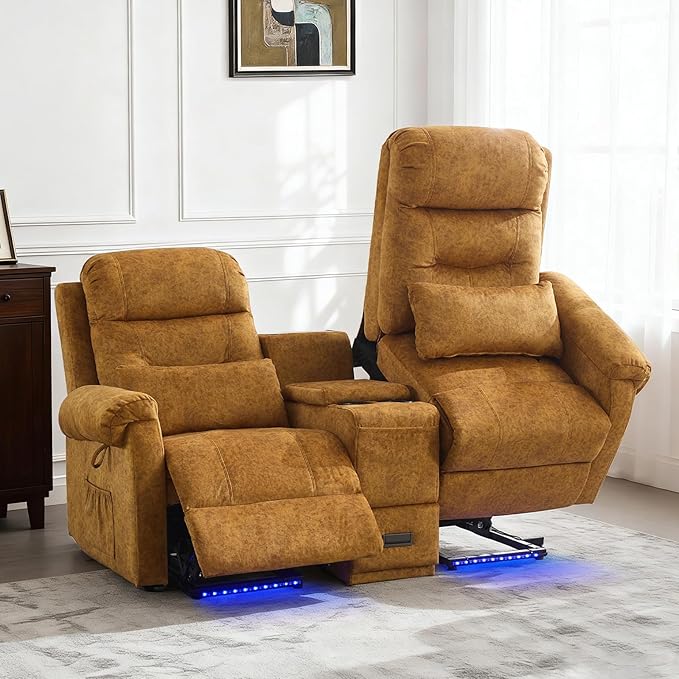 Power Lift Recliner LoveseatVelvet Reclining Loveseat Sofa RV Couch with ConsoleDual Power Lift Recliner Chair for Elderly with Heat and MassageElectric Lift Chairs for Living Room (Yellow)