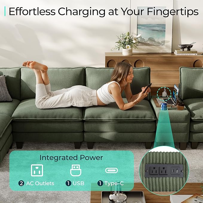 LINSY HOME Modular Sectional Sofa for Living Room Corduroy Cloud Couch with Storage Console USB Charging Cup Holders Comfy Modern Modular Cloud Couches with Movable Ottoman (Green)