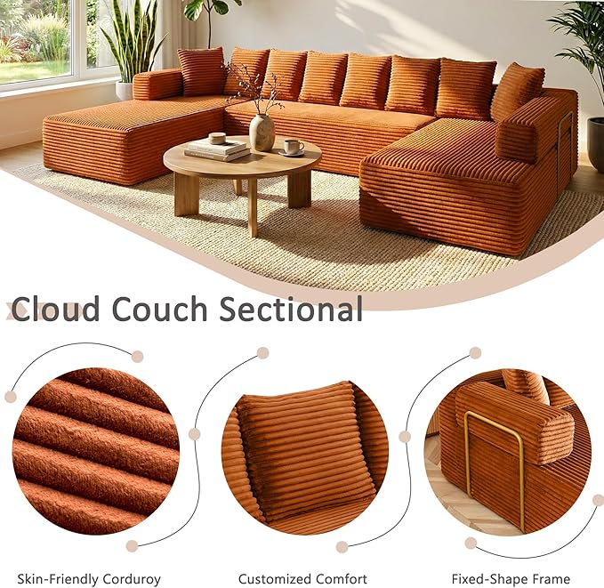 145 Cloud Couch Sectional Modular Sofa with Fixed-Shape Frame and Deep Seat Corduroy U Shaped Boneless Sofas Couch in a Box No Assembly Required Irange Couches for Living Room