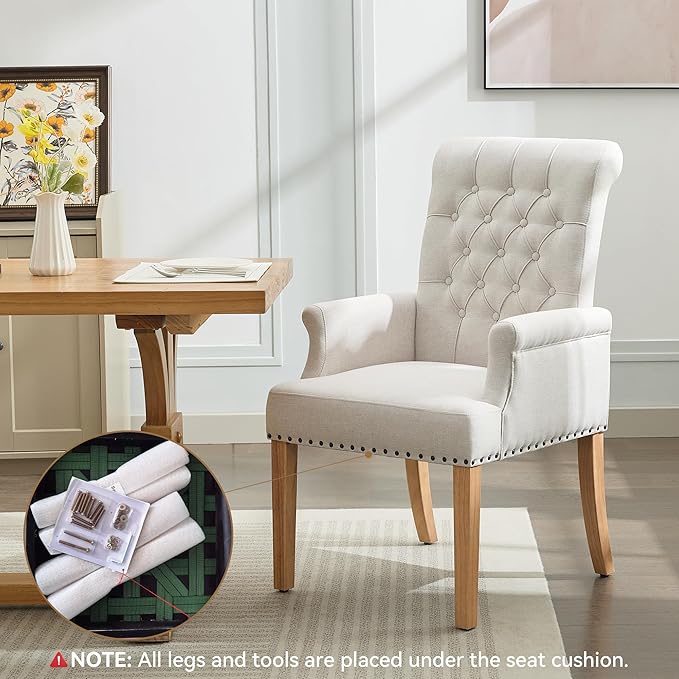 Fabric Dining Chair with Arms Upholstered Tufted High Back Dining Room Chairs Accent Armchair with Solid Wood Leg and Nailhead Trim Kitchen Dining Living Room Beige