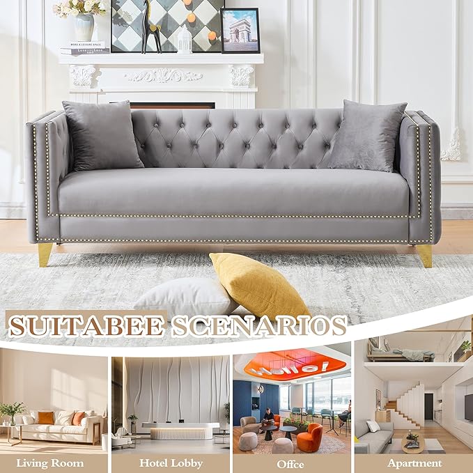 2 Piece Chesterfield Sofa Comfy Velvet Button Tufted Mid Century Modern Couch Set White Cloud Futon Loveseat Gold Legs &amp Nailhead Deep Seat Sofas for Living Room Office (Grey 3 Seater Set of 2