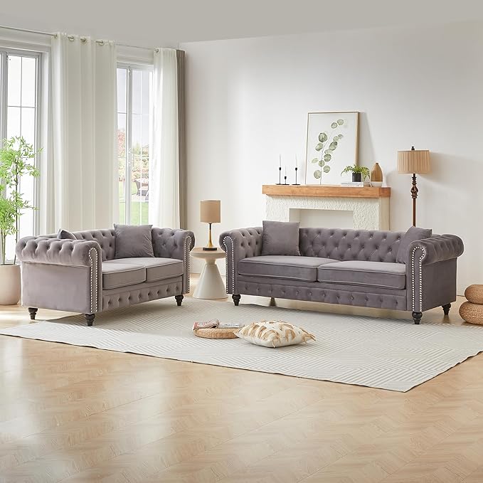 2 Piece Mid Century Modern Couch Set Retro Button Tufted Chesterfield Sofa muebles para la sala Comfy Deep Seat Upholstered Office Furniture Living Room Sofas Set (Grey Velvet Couch and Loveseat)
