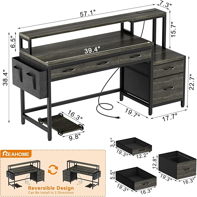 REAHOME 61 Inch Gaming Desk with Charging Station and LED Lights Reversible Computer Desk with Storage Drawer and Monitor Stand Modern Desk Table with File Cabinet &amp Side Pocket Grey Oak