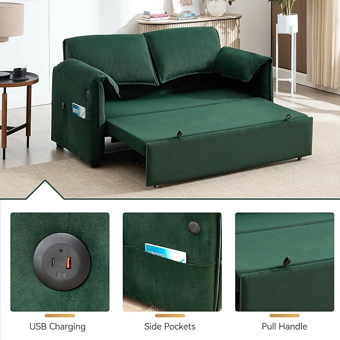 63 Velvet Pull Out Sofa Bed 3-in-1 Convertible Futon Loveseat Queen Sleeper Sofa Couch Bed with Adjustable Backrest USB Ports &amp Side Pockets Modern Sofas for Living Room Apartment Green