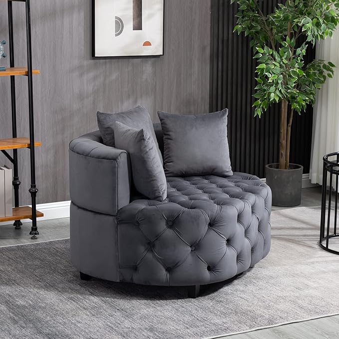 Modern Upholstered Tufted Barrel ChairVelvet Accent Chair with PillowsSingle Armrest Sofa Chair with Legs for Living RoomOfficeBedroom