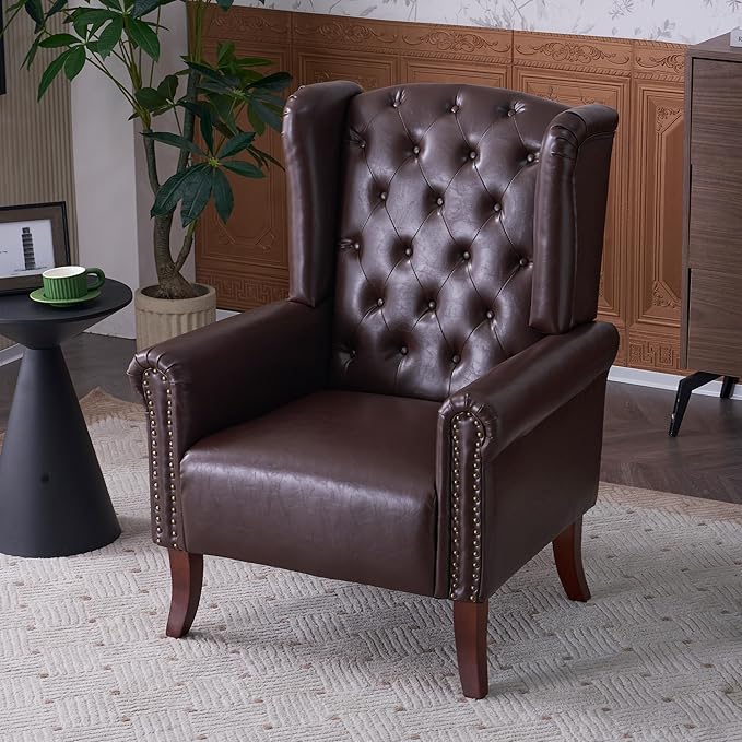 MOJAY PU Leather Accent Chair Mid-Century Living Room Sofa Chair Upholstered Arm Chair with Sturdy Wooden Legs Faux Leather Club Chair for Bedroom Study Home Office Reception (Caramel)