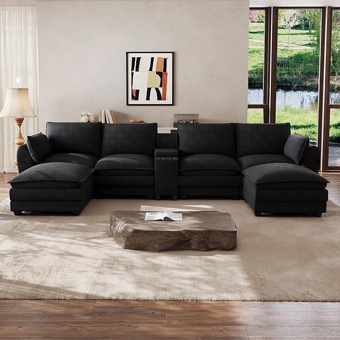 Cloud Couch Sectional Sofa 145.5 Comfy U Shape Sectional Couches for Living Room Modern Chenille Cloud Sofa Deep Seat Modular Couch with Ottoman Storage Console USB Port Cup HolderBlack