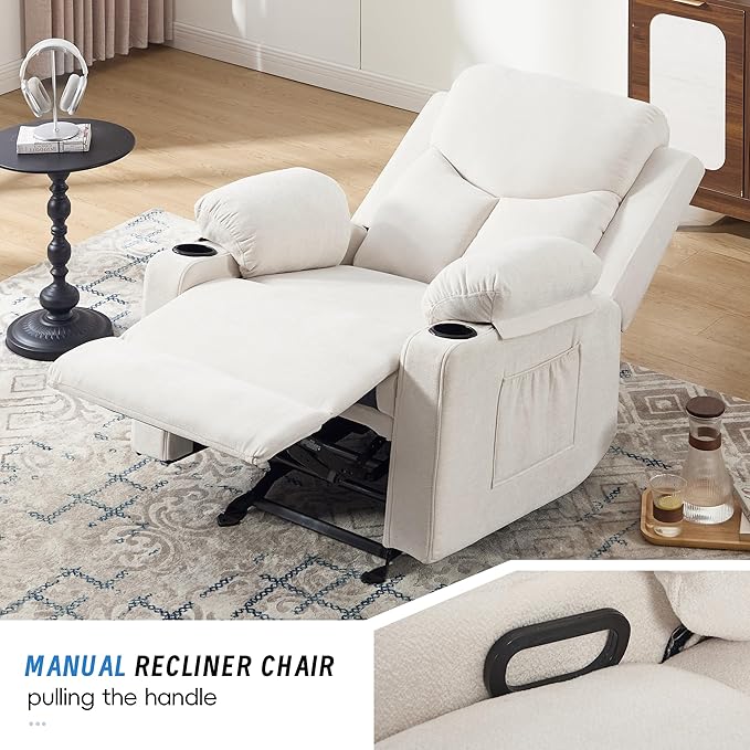 Manual Rocker Recliner Chair for Adults with Vibration MassageGlider Rocking Recliner Chairs for Living Room Bedroom Overstuffed Reclining Sofa Chair with Pockets and Cup Holds (Beige)