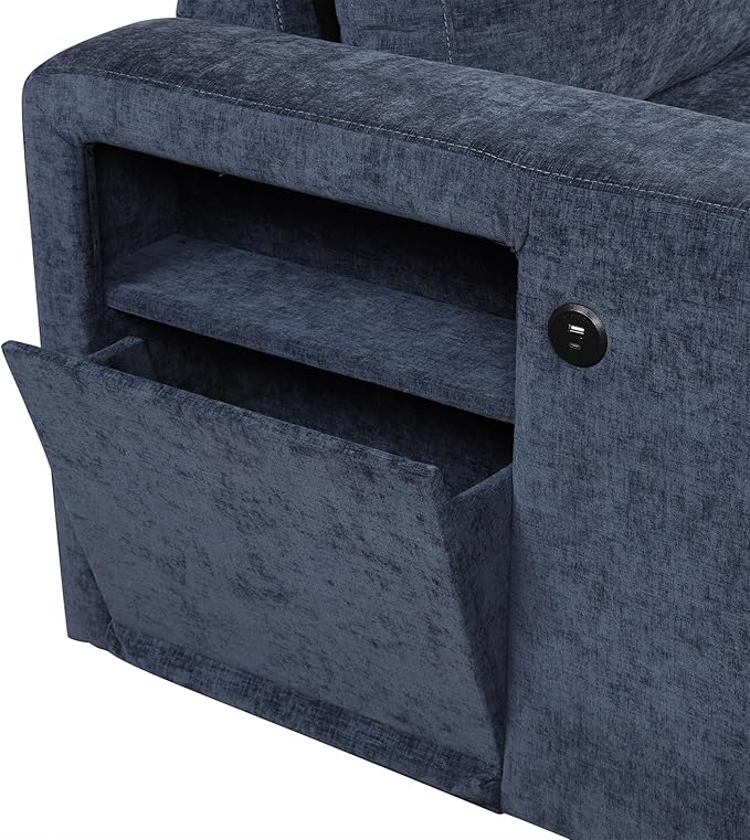 L-shaped Oversized Modular Padded Cloud Sectional Fabric Sofa Set with Pull Out Bed Convertible Sectional Couches with Storage Space USB Ports and Cup Holders for Living Room Office Blue
