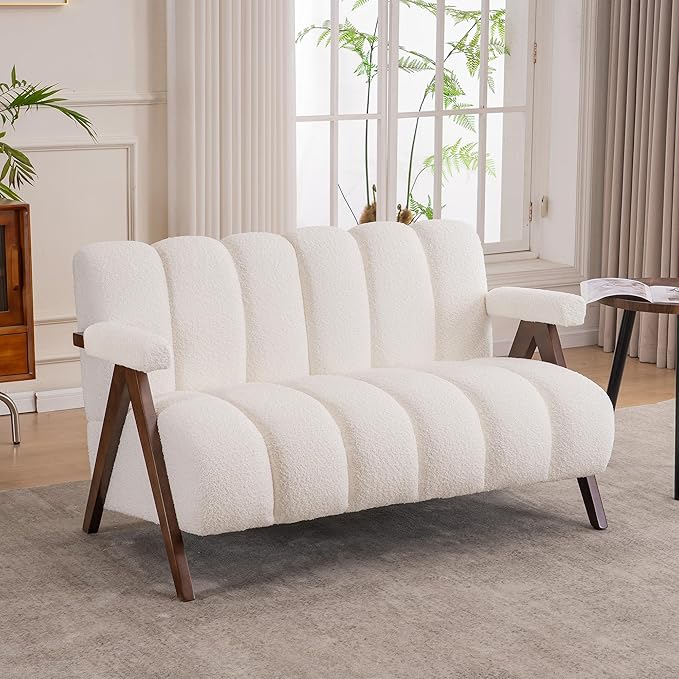 Mid Century Modern Accent Chair Loveseat Sofa with Solid Wood Frame Boucle Upholstered Living Room Chairs with Thick Cushion Comfy Tufted Arm Chair for Bedroom Ivory