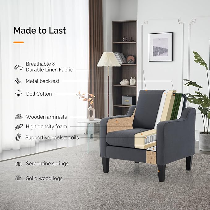 VINGLI Mid-Century Modern Accent Chair Dark Grey Linen Upholstered Comfortable &amp Supportive 380lbs Weight Limit Perfect for Living Room Bedroom Office