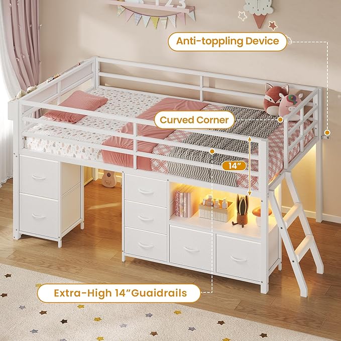 ADORNEVE Low Loft Bed Twin Size with 7 Storage Drawers Bookcase and LED Lights Metal Kids Loft Bed with 14 H Safety GuardrailInclined Ladder and Play Curtain Under-Bed Play Space White