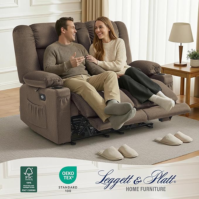 MCombo 55.9 Zero Gravity Power Loveseat Recliner with Heat and Vibration Massage Reclining Loveseat Sofa with USB Ports Cup Holders for Living Room Fabric PR648SET (Dark Brown)
