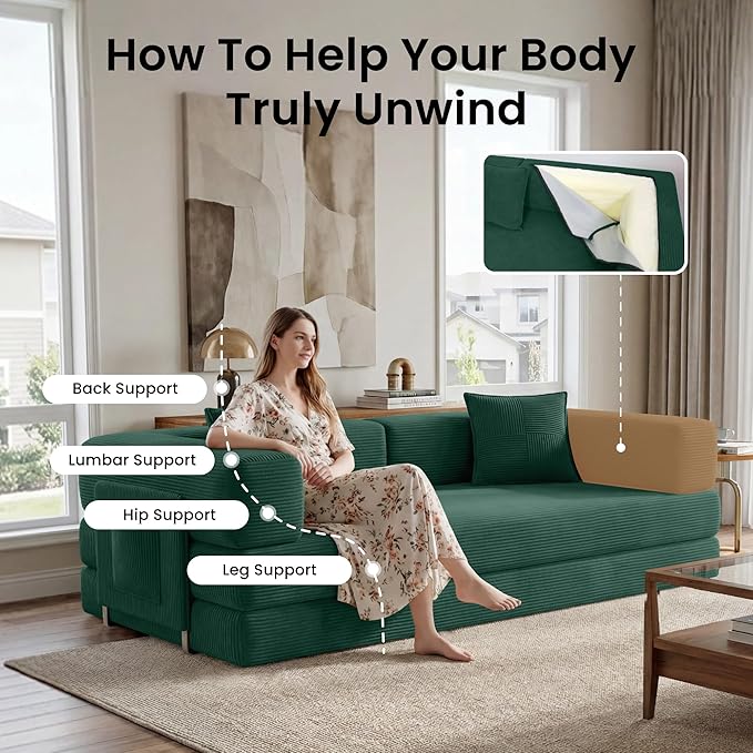 Belhome 78.8 Convertible Sofa Bed Futon Sofa Bed with Side Pocket Corduroy Pull Out Futon Sofa Boneless Couch for Living RoomsNo Assembly Required Jade Green
