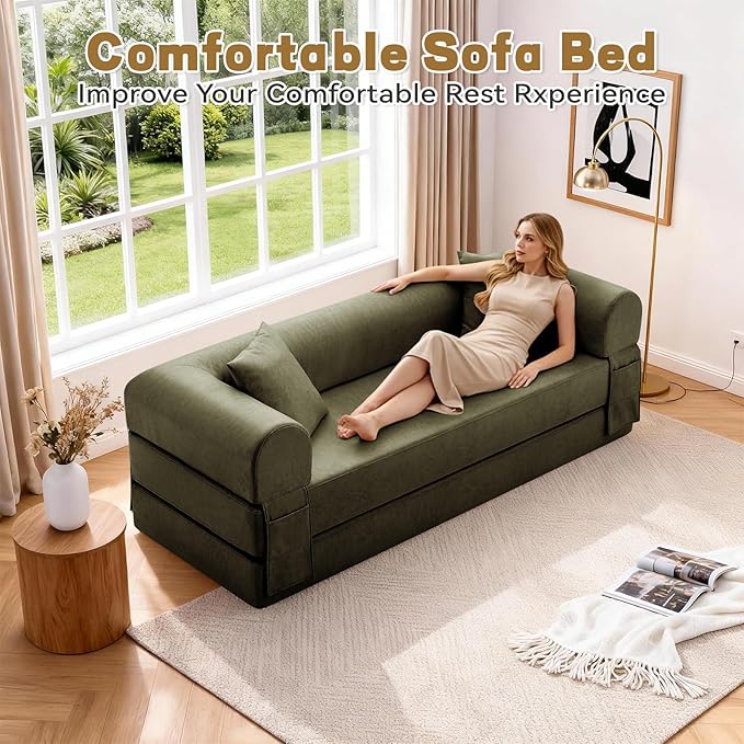 Convertible Folding Sofa Bed78.5 Inch Faux Leather Futon Couch with Pillows &amp Storage Pocket5-in-1 Queen Sleeper Sofa in a Box with Pull Out BedBoneless Couch for Living Room BedroomGreen