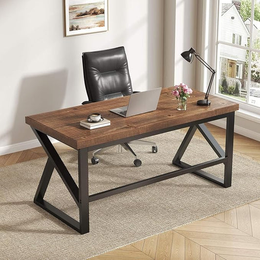 IBF Solid Real Wood Desk Minimalist 47” Natural Wood Computer Desk Rustic Desk for Home Office Writing Study Vintage Industrial Wooden PC Gaming Workstation Computer Table Brown 47 Inch