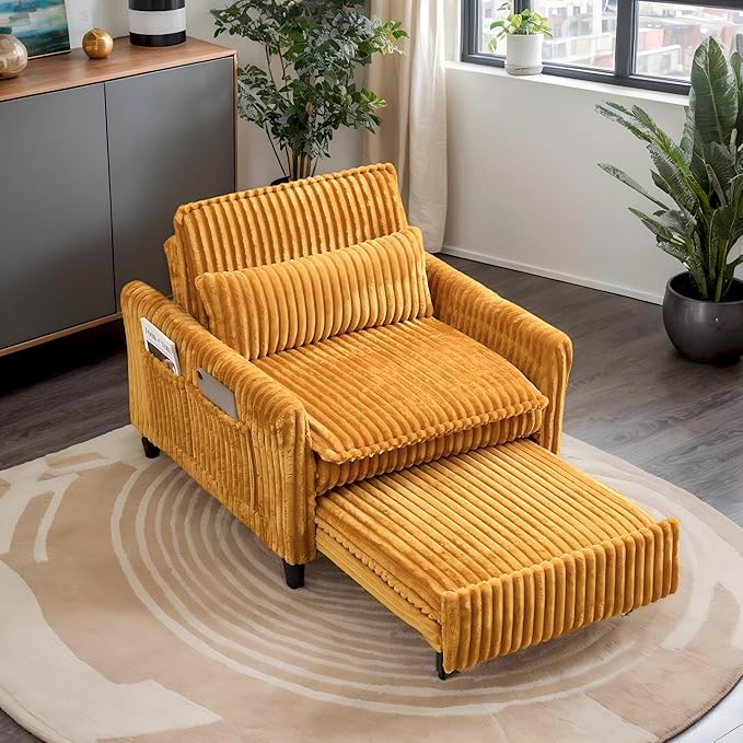 Modern Corduroy Fabric Sofa Bed Futon 3 in 1 Convertible Pullout Bed Sleeper Couches with 3 Reclining Backrests Small Sofa Chair Bed for Living Room Bedroom (Yellow)
