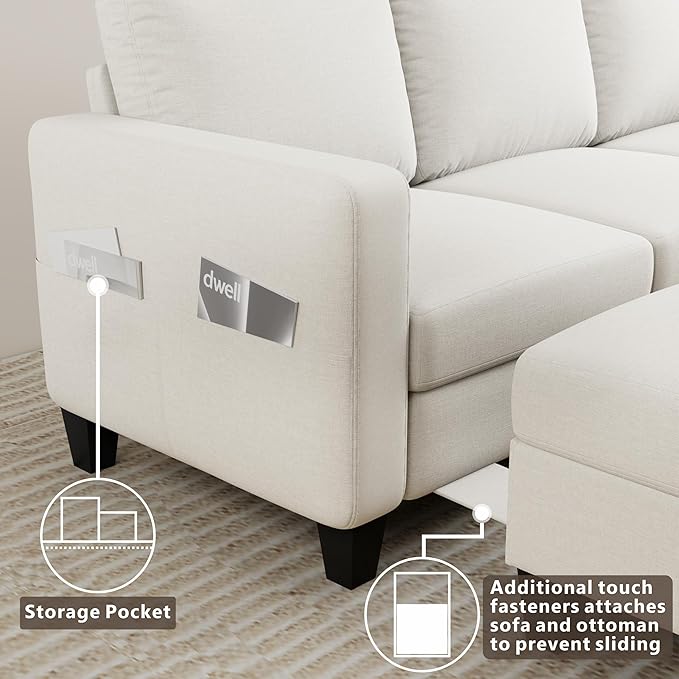 Sectional Sofa and Couches for Living Room - 78'' Beige 3 Seat L-Shaped Couch with Storage Ottoman Modern Linen Convertible Sectionals Sofas for Apartment Office Small Space