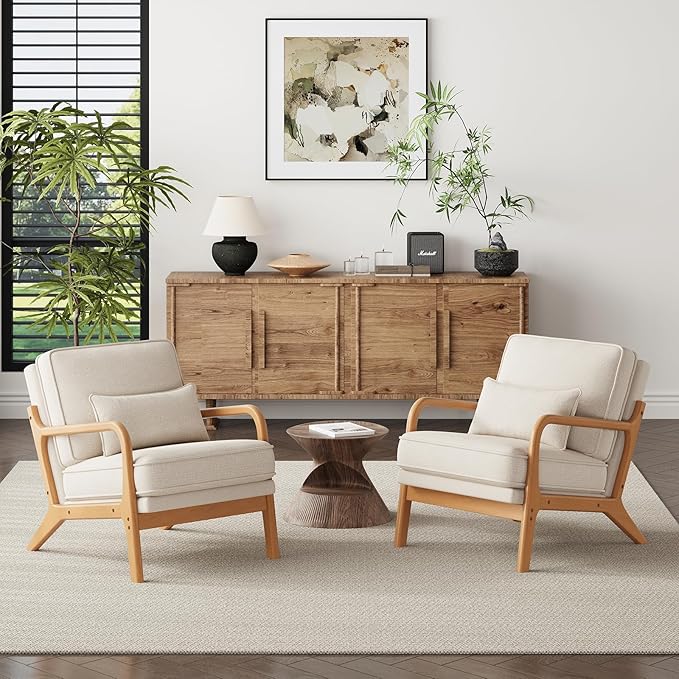 Mid-Century Accent Chair Set of 2 with Solid Wood Frame Reading Relaxing Armchair Lumbar Pillow&amp Soft Cushion Leisure Chair for Living Room Bedroom Waiting Room-Beige
