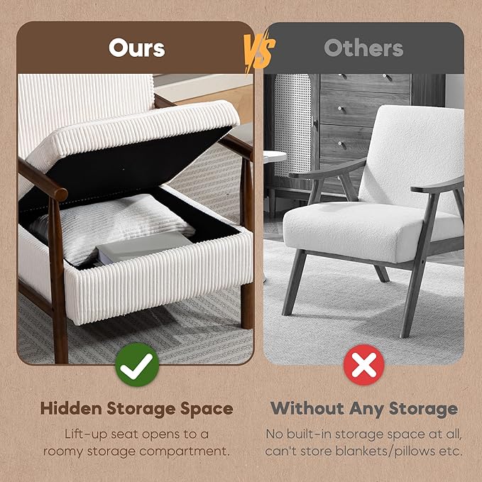 Yoglad Accent Chair with Storage Corduroy Fabric Reading Chair with Wood Frame Mid Century Modern Storage Armchair for Living Room Bedroom Apartment(Antique White)