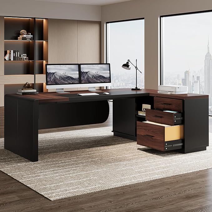 Tribesigns 80'' L-Shaped Desk Large Executive Office Desk with 55'' Drawers Cabinet Modern Computer Table with Storage Shelves Business Furniture for Home Office Walnut &amp Black
