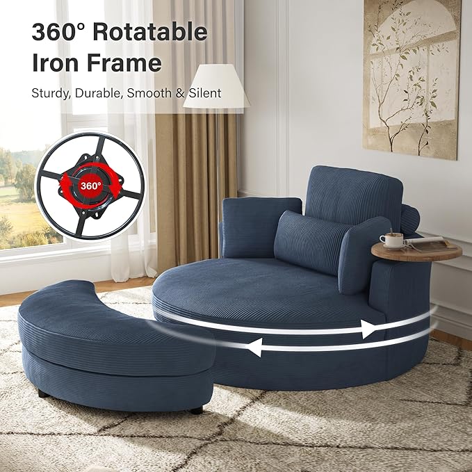DEINPPA 51'' Accent Swivel Barrel Chair with Storage Ottoman Modern Oversized Round Leisure Sofa Chaise with Tray Pillows Corduroy Upholstered Lounge Chair for Bedroom Living Room Hotel Club Blue