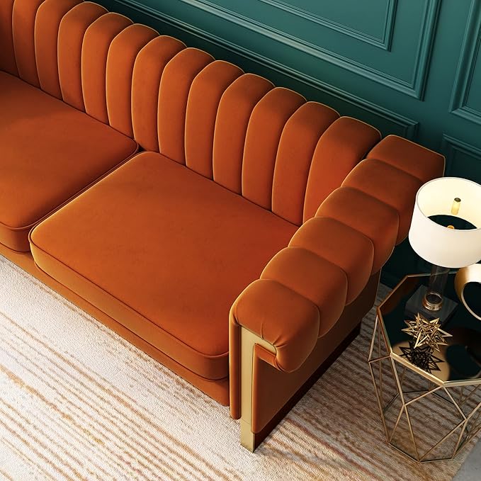 83'' Velvet Couch Sofa Mid-Century Modern Love Seat Chesterfield 3 Seat Couches Sofa for Living Room Apartment (Orange-2 PCS)