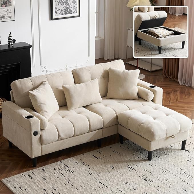 77 Beige L-Shaped Sofa with Storage Footrest Chenille Sofa with 2 Cup Holders and Charging Station for Small Spaces Comfortable Cloud Area 3 Sofa (Beige)