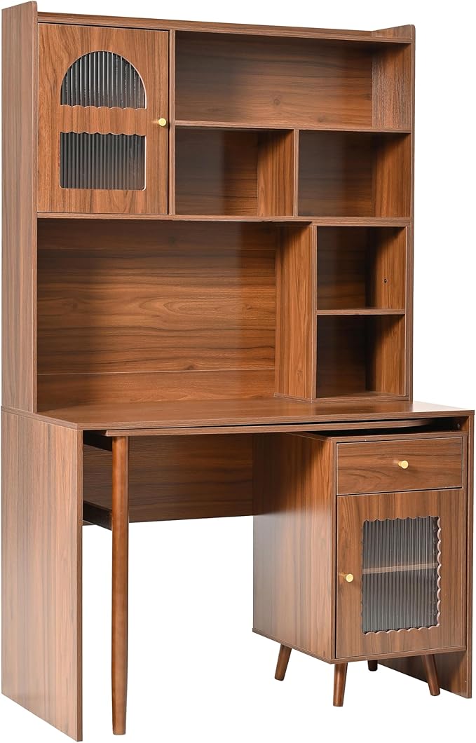 Bellemave L Shaped Executive Desk with 90° Rotating Desktop Farmhouse l Shaped Table Home Office Desk with Storage Cabinet and Shelf Farmhouse Corner Table with Drawers Walnut