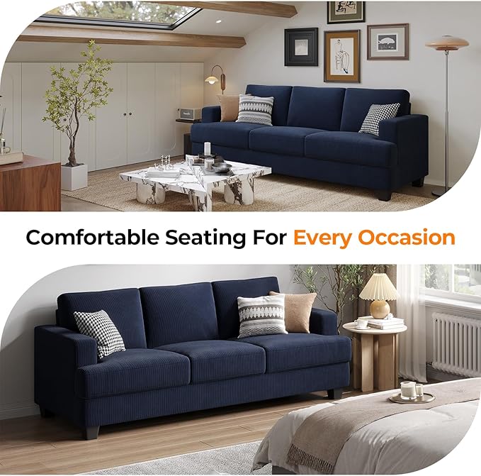 89 Inch Sofa with Extra Deep Seats Oversize 3 Seater Sofa for Living Room Modern Couch and Sofa Comfy Armrests and Seats and Backrests Easy Installation Corduroy Fabric Blue